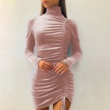 Winter Sexy Pink Velvet High Collar Long Sleeve Rope Pucker Club Dress