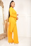 Fall Casual Yellow V Neck Long Sleeve Ruffles Long Top And Pant Two Piece Set