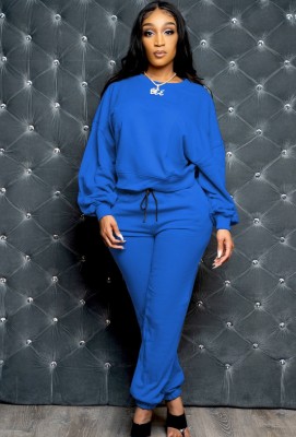 Winter Casual Blue Round Neck Long Slevee And Jogger Pant Two Piece Set