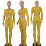 Fall Sexy Yellow Cut Out V Neck Long Sleeve And Pant Two Piece Set