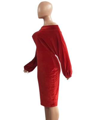 Winter Sexy Red Velvet Off Shoulder Long Sleeve Midi Dress