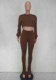 Fall Casual Brown Round Neck Long Sleeve Crop Top And Stacked Pant Two Piece Set