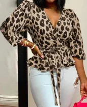 Fall Fashion Leapard Print V Neck Long Slevee With Belt Shirt