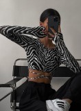 Fall Sexy Black Zebra-Stripe Long Sleeve Crop Top