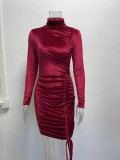 Winter Sexy Red Velvet High Collar Long Sleeve Rope Pucker Club Dress