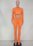 Fall Casual Orange Round Neck Long Sleeve Crop Top And Stacked Pant Two Piece Set
