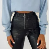 Winter Black Zipper Slim Pu Leather Pant
