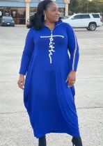 Fall Casual Blue Print Contrast Turndown Collar Long Sleeve Loose Long Dress