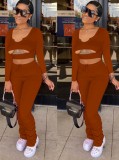 Fall Sexy Brown Cut Out V Neck Long Sleeve And Pant Two Piece Set