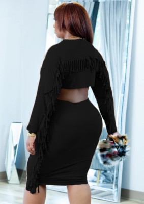 Winter Plus Size Casual Black Round Neck Long Sleeve Crop Top And Tassel Skirt Two Piece Set