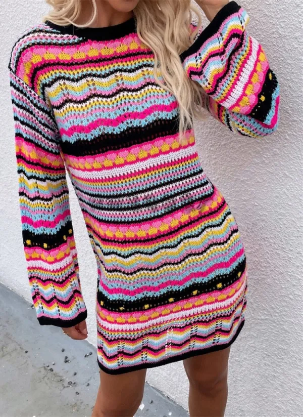 Winter Multicolor Strip Round Neck Long Sleeve Sweater Dress