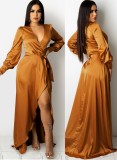 Fall Sexy Yellow Satin Long Sleeve Slit Long Dress