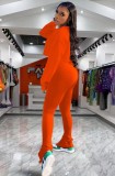 Fall Casual Orange Round Neck Long Sleeve Crop Top And Stacked Pant Two Piece Set