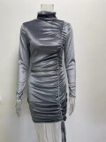 Winter Sexy Grey Velvet High Collar Long Sleeve Rope Pucker Club Dress