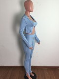 Fall Sxey Blue Irregular Collar Long Sleeve Crop Top And Pant Two Piece Set