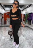 Fall Sexy Black Cut Out V Neck Long Sleeve And Pant Two Piece Set