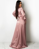 Fall Sexy Pink Satin Long Sleeve Slit Long Dress