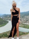 Fall Sexy Black Ribbed Cut Out Crop Top And Slit Long Dress Two Piece Set