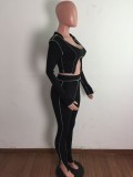 Fall Sxey Black Irregular Collar Long Sleeve Crop Top And Pant Two Piece Set