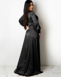 Fall Sexy Black Satin Long Sleeve Slit Long Dress