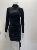 Winter Sexy Black Velvet High Collar Long Sleeve Rope Pucker Club Dress