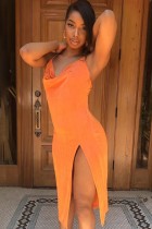 Summer Sexy Orange Straps Slit Long Dress