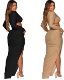 Fall Sexy Black Round Neck Long Sleeve Irregual Cut Out Silt Long Dress