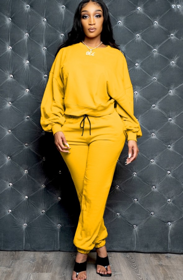 Winter Casual Yellow Round Neck Long Slevee And Jogger Pant Two Piece Set