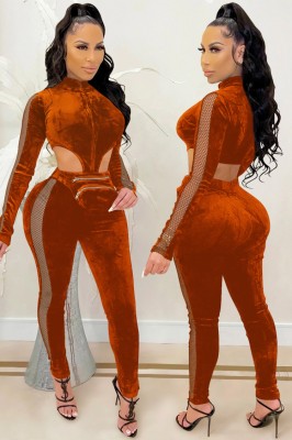 Fall Sexy Orange Velvet Zipper Cutout Pocket Jumpsuit