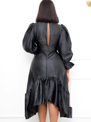 Fall Elegant Plus Size Black V-neck Puff Sleeve Ruffled Midi Dress