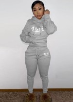Winter Gray Letter Printed Pocket Hoody Two Piece Sweatsuit