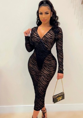 Fall Sexy Black V-neck Long Sleeve Transparent Split Club Dress