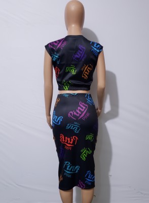 Fall Sexy Multicolor Letter Printed Black Sleeveless Crop Top and Pencil Skirt Set