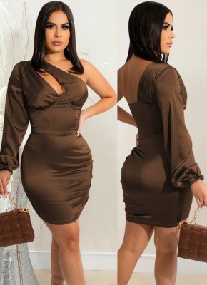 Fall Sexy Brown Hollow Out One Shoulder Club Dress