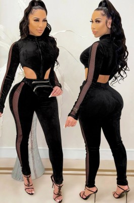 Fall Sexy Black Velvet Zipper Cutout Pocket Jumpsuit