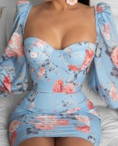 Fall Sexy Blue Floral Sweetheart Neck Puff Sleeve Bodycon Mini Dress
