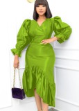 Fall Elegant Plus Size Green V-neck Puff Sleeve Ruffled Midi Dress