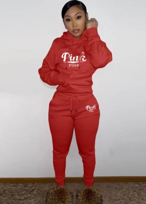 Winter Red Letter Printed Pocket Hoody Two Piece Sweatsuit