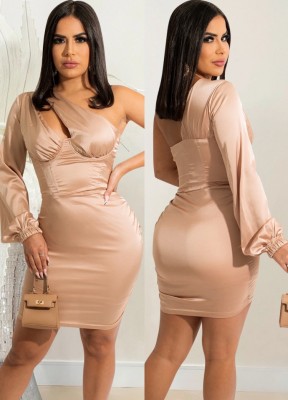 Fall Sexy Apricot Hollow Out One Shoulder Club Dress