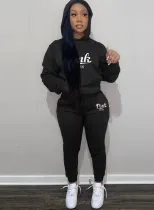 Winter Black Letter Printed Pocket Hoody Two Piece Sweatsuit