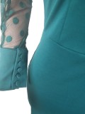 Fall Elegant Green Keyhole Puff Sleeve Bodycon Midi Dress