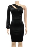 Fall Sexy Black Hollow Out One Shoulder Club Dress