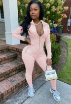 Fall Sexy Pink Zipper Long Sleeve Slim Two Piece Tracksuit