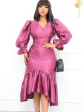 Fall Elegant Plus Size Purple V-neck Puff Sleeve Ruffled Midi Dress
