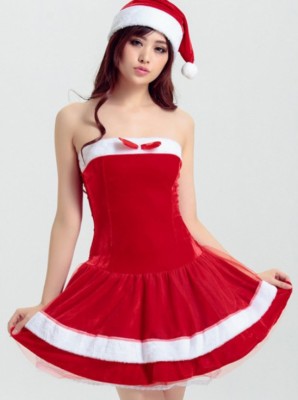 Christmas Fuzzy Trim Tube Costume Dress with Hat