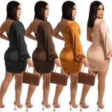 Fall Sexy Apricot Hollow Out One Shoulder Club Dress