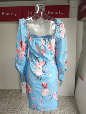 Fall Sexy Blue Floral Sweetheart Neck Puff Sleeve Bodycon Mini Dress