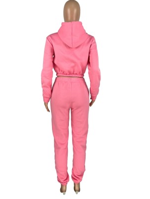 Winter Casual Pink Cropped Hoody Fleece Two Piece Sweatsuit