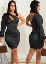 Fall Sexy Black Hollow Out One Shoulder Club Dress