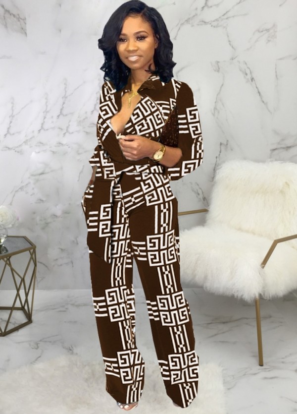 Fall Elegant Brown Printed Long Sleeve Shirt and Loose Pants Set